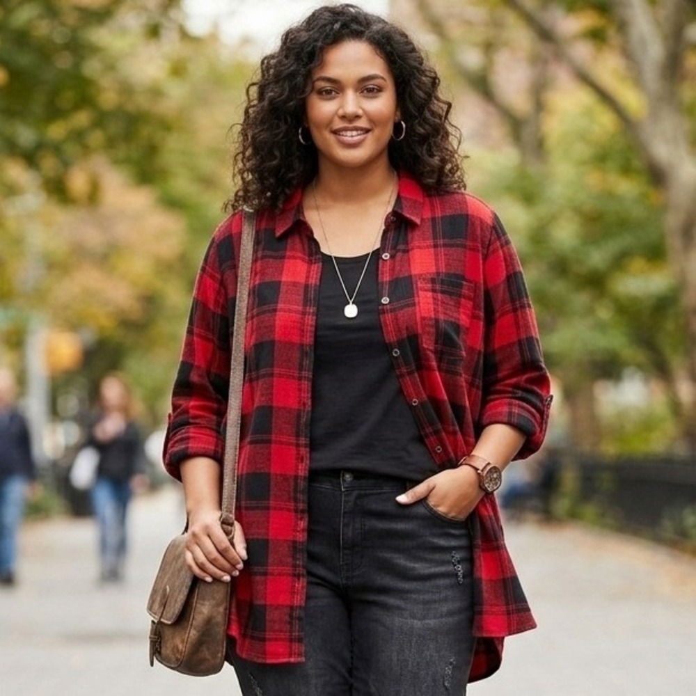 Intro Plaid Button Down Shirt Women 2X Red Black Buffalo Check Roll Tab Cabin